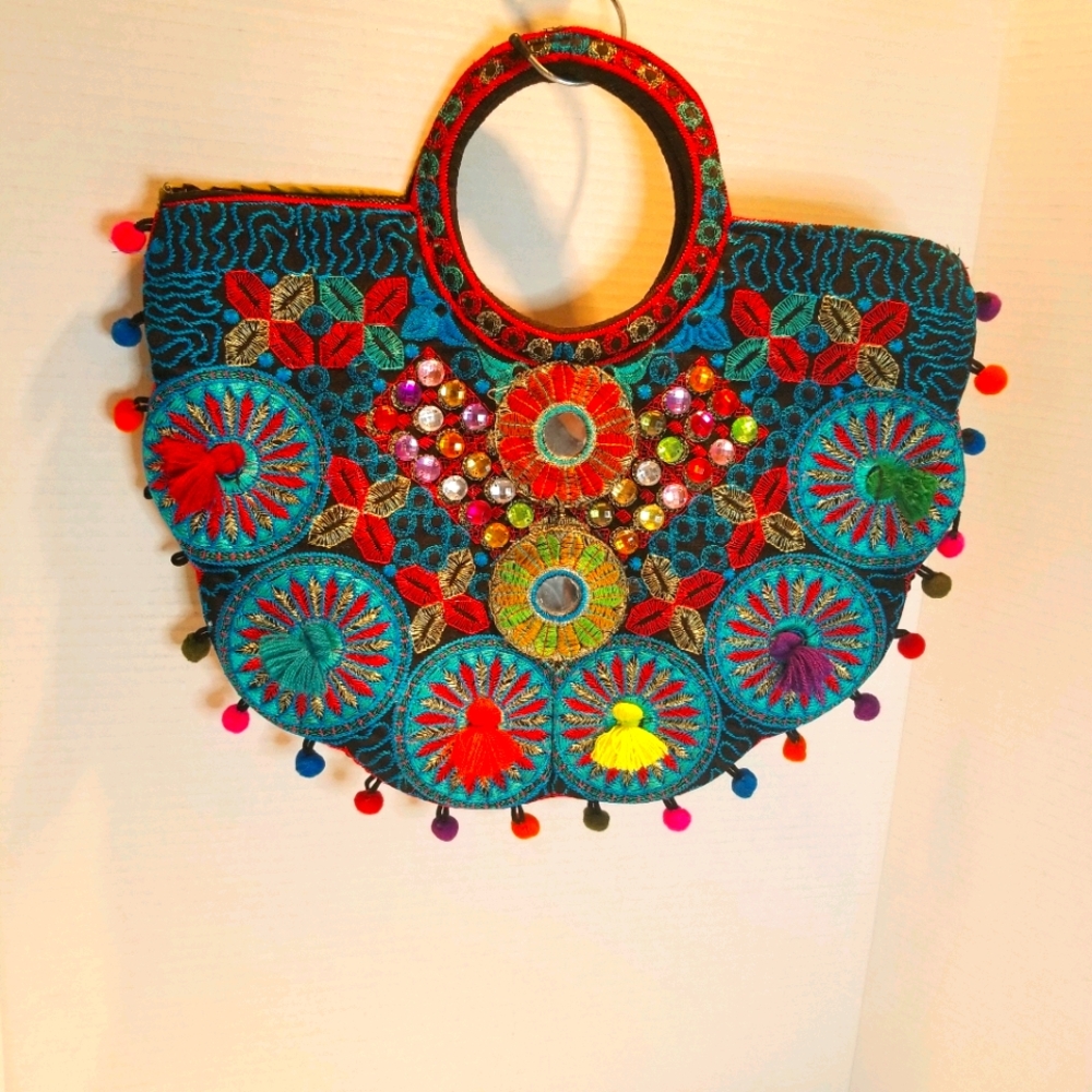 VINTAGE GYPSY OLD STYLE EMBROIDERED HANDBAG MIRROR